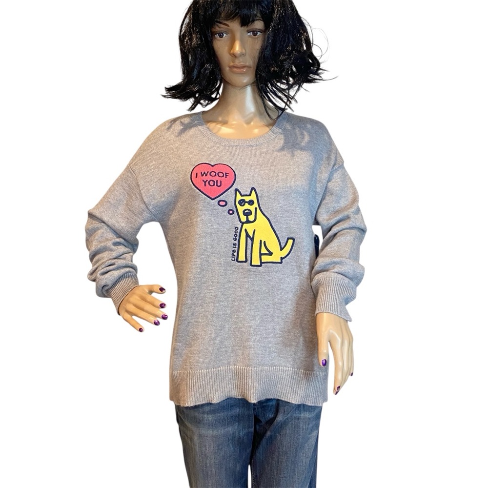 RARE HTF Life is Good Sweater Embroidery "I Woof You" Jake Dog Gray Medium NWT